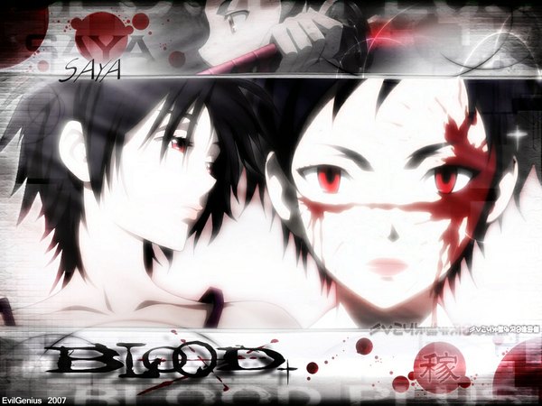 Anime picture 1024x768 with blood+ production i.g otonashi saya short hair black hair red eyes dual persona girl weapon sword katana blood