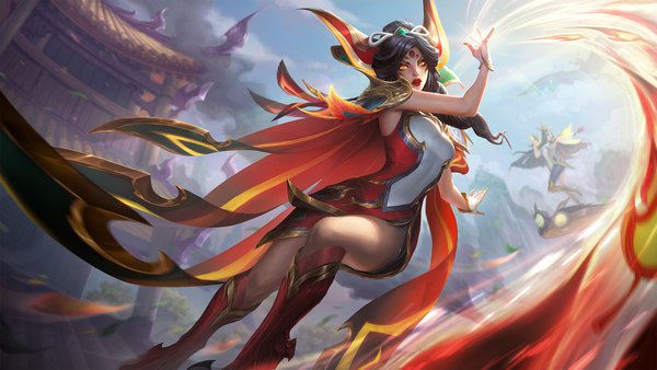 Anime picture 2300x1294 with league of legends xayah (league of legends) ina wong jessica oyhenart long hair looking at viewer highres black hair wide image multiple girls nail polish parted lips realistic orange eyes depth of field lipstick official alternate costume magic glowing solo focus