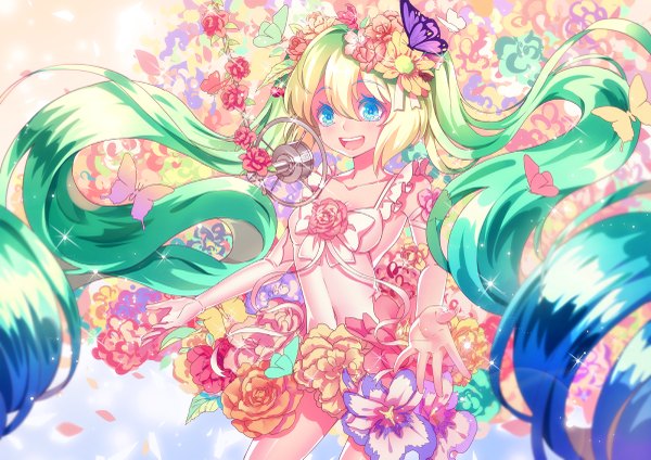 Anime picture 1200x849 with vocaloid hatsune miku sougishi ego single looking at viewer blush open mouth twintails very long hair multicolored hair aqua eyes gradient hair girl flower (flowers) swimsuit bikini petals rose (roses) leaf (leaves) insect