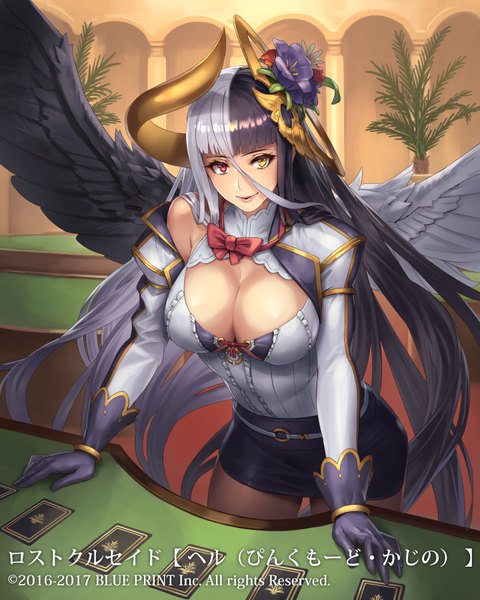Anime picture 720x900 with lost crusade square enix hell (lost crusade) mismi single tall image looking at viewer blush fringe breasts light erotic black hair smile hair between eyes red eyes large breasts yellow eyes cleavage white hair indoors