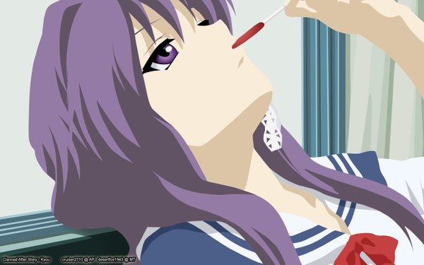 Anime picture 1280x800 with clannad key (studio) fujibayashi kyou tagme (artist) single long hair wide image purple eyes purple hair copyright name looking up vector flat color girl food sweets candy lollipop