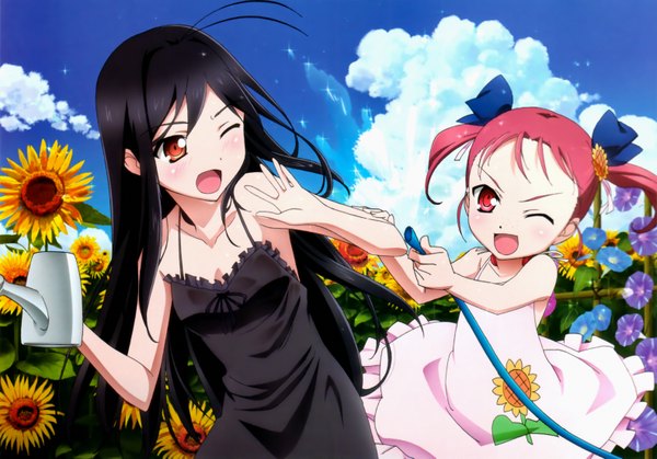 Anime picture 3156x2206 with accel world sunrise (studio) kuroyukihime kouzuki yuniko long hair blush highres open mouth black hair red eyes twintails multiple girls absurdres cloud (clouds) red hair one eye closed wink scan loli short twintails