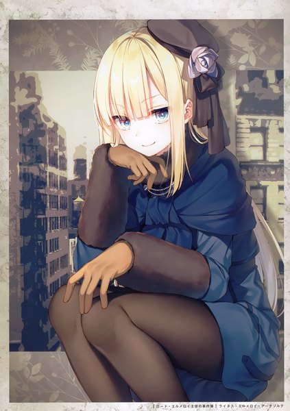 Anime picture 2076x2945 with fate (series) lord el-melloi ii case files reines el-melloi archisorte toosaka asagi single long hair tall image looking at viewer fringe highres blue eyes blonde hair smile sitting payot bent knee (knees) blunt bangs scan fur trim hand on cheek