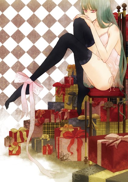 Anime picture 1200x1705 with original shoku niwatori long hair tall image sitting pink eyes aqua hair leg hug rhombus girl thighhighs bow chair gift