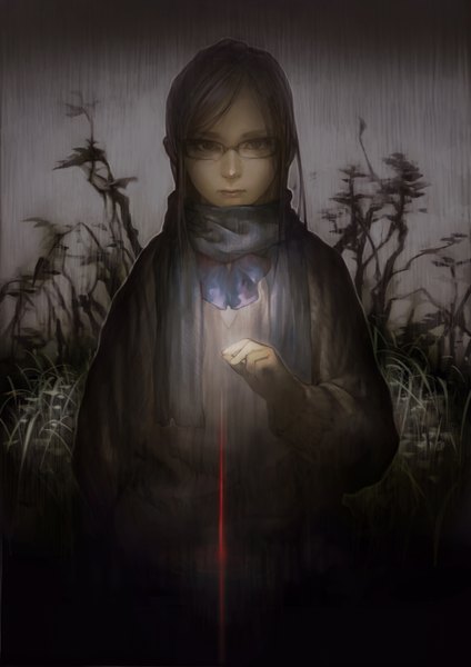 Anime picture 2339x3307 with original takeyuki15 single long hair tall image looking at viewer highres brown eyes grey hair girl plant (plants) glasses scarf sweater