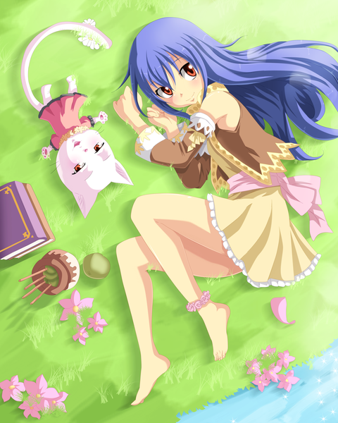 Anime picture 4000x5000 with fairy tail wendy marvell charle (fairy tail) stingcunha long hair tall image highres open mouth smile blue hair absurdres lying from above orange eyes loli legs coloring on side girl dress