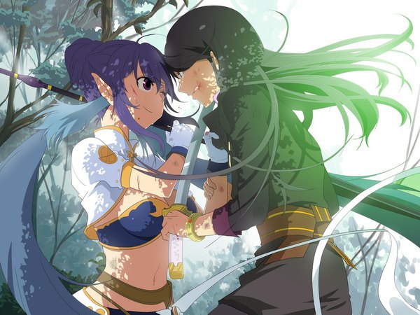 Anime picture 1024x768 with tales of (series) tales of vesperia yuri lowell judith hiiro (kikokico) long hair standing purple eyes blue hair purple hair profile one eye closed light smile wind pointy ears wink from behind bare belly couple back