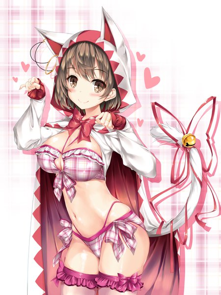 Anime picture 1124x1500 with final fantasy iii kamiya tomoe single tall image looking at viewer blush fringe short hair breasts light erotic smile hair between eyes brown hair large breasts standing brown eyes tail animal tail fingernails bare belly
