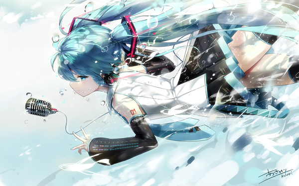 Anime picture 2039x1274 with vocaloid hatsune miku asahi kuroi single looking at viewer blush fringe highres hair between eyes wide image twintails signed very long hair nail polish profile pleated skirt aqua eyes aqua hair tattoo underwater