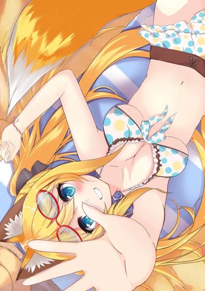 イラスト 989x1400 と オリジナル beniyosweet009 ソロ 長髪 長身像 カメラ目線 おっぱい 青い目 light erotic 金髪 笑顔 ツインテール 獣耳 尻尾 animal tail 狐耳 狐尻尾 狐っ娘 女の子 へそ