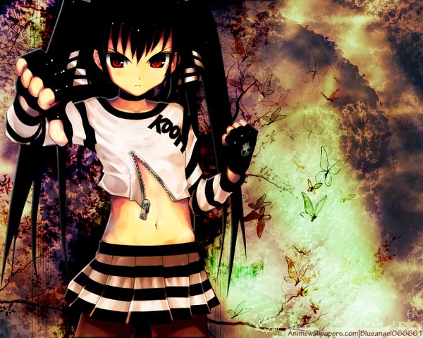 Anime picture 1280x1024 with kooh long hair black hair red eyes jpeg artifacts skirt gloves insect butterfly