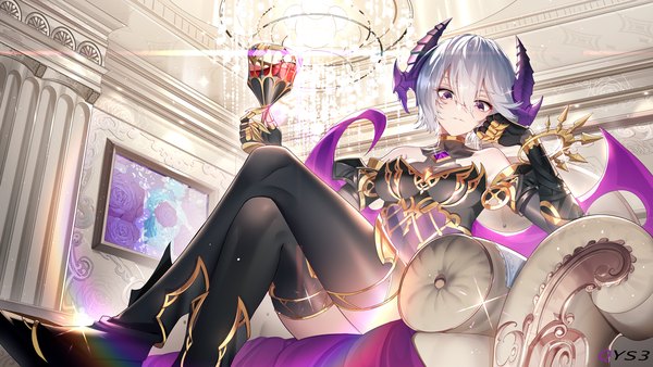 Anime picture 2000x1125 with masterwork apocalypse qys3 single looking at viewer fringe highres short hair light erotic hair between eyes wide image sitting purple eyes bare shoulders holding signed silver hair indoors horn (horns) sparkle from below
