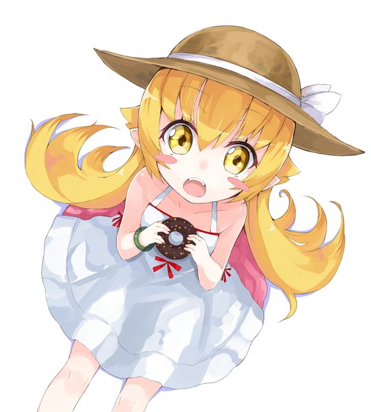 Anime picture 1800x2000 with bakemonogatari shaft (studio) monogatari (series) oshino shinobu kou mashiro single long hair tall image looking at viewer blush highres open mouth simple background blonde hair white background sitting yellow eyes from above pointy ears teeth