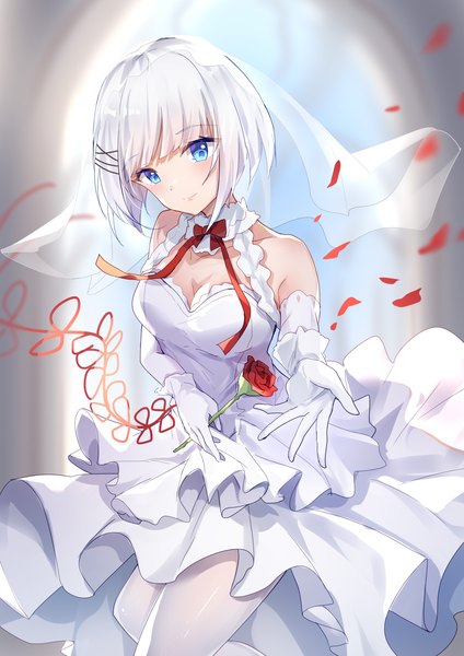 Anime picture 2480x3508 with tantei wa mou shindeiru siesta (tantei wa mou shindeiru) kaga mi single tall image looking at viewer fringe highres short hair blue eyes silver hair blunt bangs outstretched hand girl dress gloves hair ornament flower (flowers) white gloves white dress