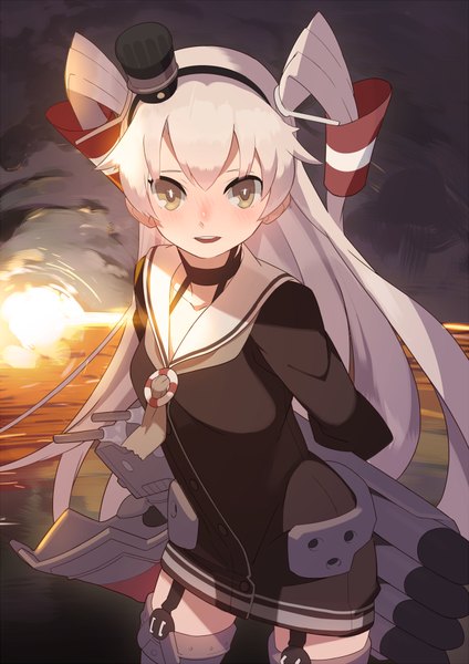 Anime picture 626x885 with kantai collection amatsukaze destroyer rensouhou-kun hajime (hajime-ill-1st) single long hair tall image looking at viewer blush open mouth brown eyes leaning two side up zettai ryouiki leaning forward evening sunset hands behind back horizon girl