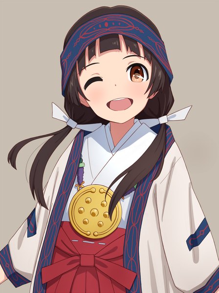 Anime picture 1253x1675 with kumamiko amayadori machi yahiro (epicopeiidae) single long hair tall image blush fringe open mouth simple background brown hair twintails brown eyes upper body traditional clothes japanese clothes one eye closed wink grey background low twintails