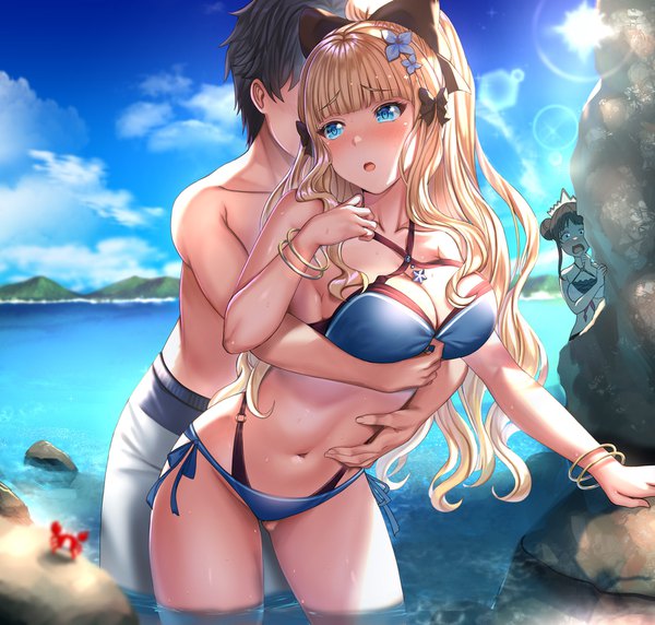 Anime picture 1573x1500 with princess connect! re:dive princess connect! saren (princess connect!) yuuki (princess connect!) suzume (princess connect!) arudehido long hair looking at viewer blush fringe short hair breasts open mouth light erotic black hair blonde hair brown hair large breasts standing multiple girls