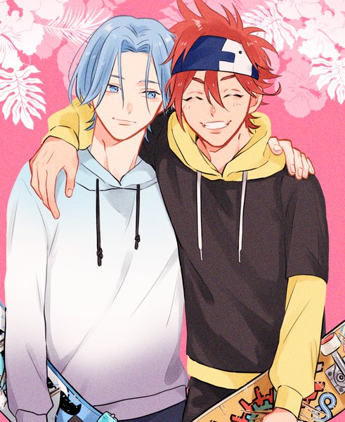 Anime picture 1162x1419 with sk8 the infinity studio bones hasegawa langa kyan reki nazutaro tall image fringe short hair blue eyes smile hair between eyes standing blue hair upper body eyes closed multiple boys grin pink background ^ ^ hand on another's shoulder