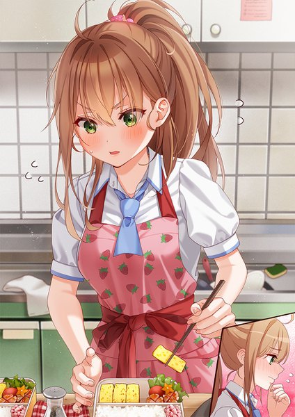 Anime picture 870x1230 with original unjem long hair tall image blush fringe breasts open mouth hair between eyes brown hair standing holding green eyes payot looking away ahoge ponytail indoors profile short sleeves
