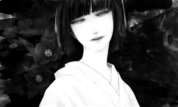 Anime picture 1042x625 with original yoshio single fringe short hair open mouth black hair wide image traditional clothes japanese clothes grey eyes dark background girl flower (flowers) kimono stitches