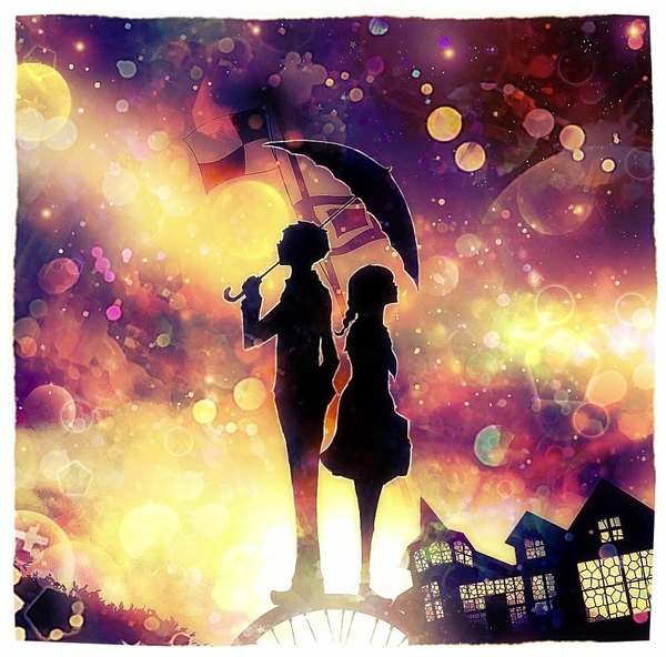 Anime picture 1000x988 with kokurikozaka kara studio ghibli komatsuzaki umi kazama shun harada miyuki long hair short hair standing sky profile sunlight couple border light hand in pocket back to back silhouette shared umbrella girl boy