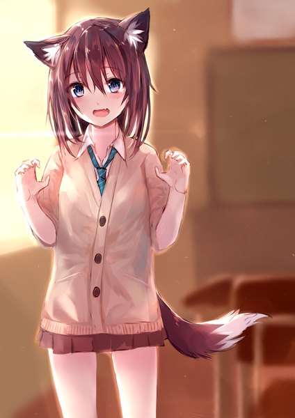 Anime picture 2893x4092 with original suke single tall image blush highres open mouth blue eyes brown hair standing animal ears tail head tilt animal tail sunlight blurry fang (fangs) depth of field fox ears fox tail