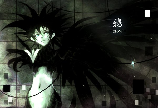 Anime picture 1024x704 with original funakura single blue eyes black hair midriff black wings spiked hair amputee boy wings feather (feathers) bandage (bandages) crow