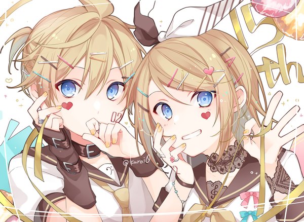 Anime picture 1370x1000 with vocaloid kagamine rin kagamine len kuroi (liar-player) looking at viewer fringe short hair blue eyes blonde hair smile hair between eyes signed upper body nail polish twitter username grin siblings twins sailor collar brother and sister