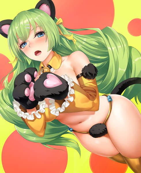 Anime picture 978x1200 with original obaoba (monkeyix) single long hair tall image looking at viewer blush fringe open mouth blue eyes light erotic simple background bare shoulders animal ears tail animal tail green hair cat ears cat girl cat tail