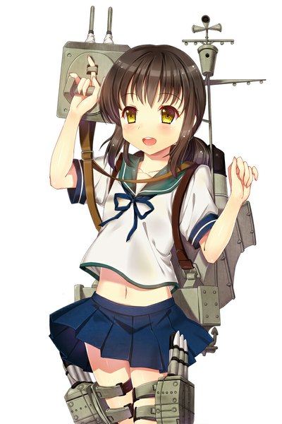 Anime picture 666x1000 with kantai collection fubuki destroyer cnm single long hair tall image blush open mouth simple background brown hair white background yellow eyes looking away ponytail bare belly girl navel uniform serafuku