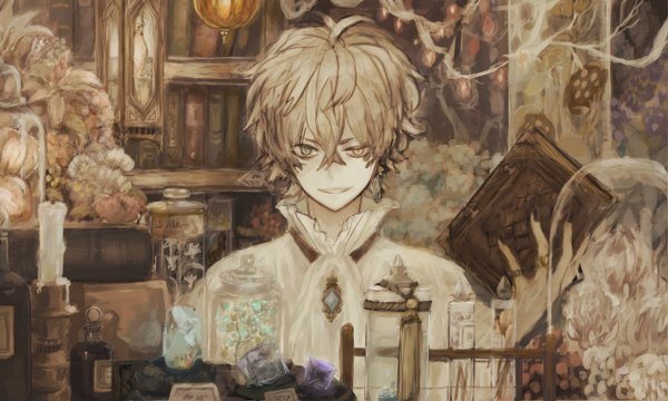 Anime picture 2500x1500 with original inunokoms single fringe highres short hair smile wide image holding nail polish fingernails heterochromia eyebrows boy flower (flowers) book (books) ring shelf candle (candles) brooch