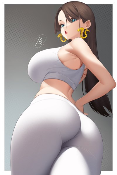 Anime-Bild 2000x3000 mit one piece toei animation boa hancock ho haiiro single long hair tall image fringe highres breasts open mouth blue eyes light erotic black hair simple background large breasts standing signed ass looking back