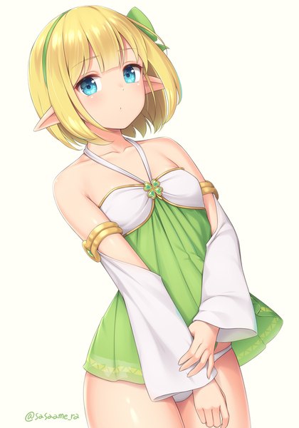 Anime-Bild 700x1000 mit original sasaame single tall image looking at viewer blush fringe short hair blue eyes light erotic simple background blonde hair standing bare shoulders signed blunt bangs pointy ears twitter username elf holding arm