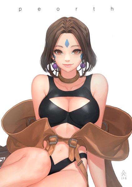 Anime picture 2480x3508 with aa megami-sama anime international company peorth ake (cherrylich) single long hair tall image looking at viewer highres breasts light erotic simple background brown hair large breasts white background bare shoulders bare legs orange eyes facial mark girl