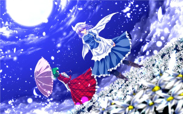 Anime picture 1920x1200 with touhou kazami yuuka letty whiterock nekominase highres short hair blue eyes red eyes wide image multiple girls purple hair cloud (clouds) green hair night girl dress skirt flower (flowers) 2 girls petals