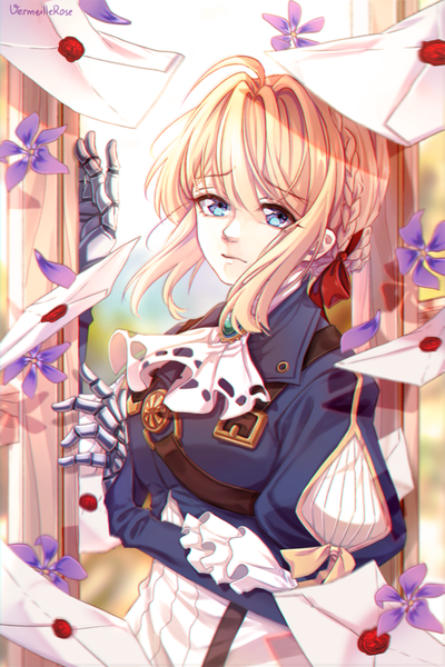 Anime-Bild 800x1200 mit violet evergarden kyoto animation violet evergarden (character) vermeillerose (maria) single tall image looking at viewer fringe short hair blue eyes blonde hair hair between eyes standing signed payot ahoge upper body braid (braids) wind puffy sleeves