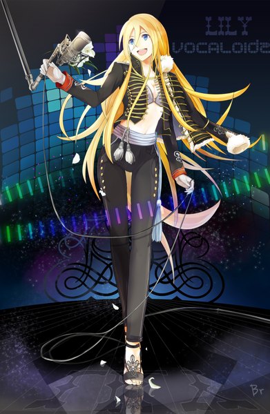 Anime picture 1500x2300 with vocaloid lily (vocaloid) dono ko (artist) single long hair tall image blue eyes blonde hair open clothes girl flower (flowers) pants microphone wire (wires)