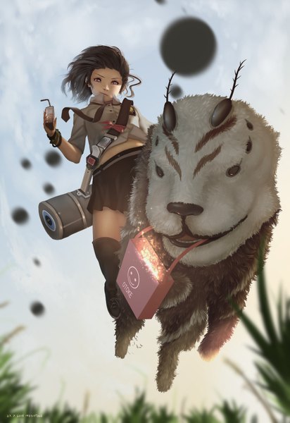 Anime picture 2308x3360 with original mawa setiawan single tall image looking at viewer highres short hair black hair brown eyes signed sky fingernails wind blurry depth of field dated long fingernails flying riding girl