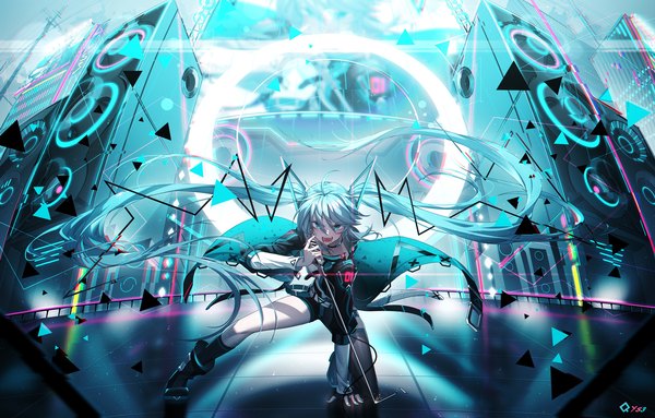 Anime picture 2000x1275 with vocaloid hatsune miku qys3 single looking at viewer fringe highres open mouth hair between eyes twintails full body ahoge very long hair :d aqua eyes aqua hair arm support asymmetrical legwear girl choker