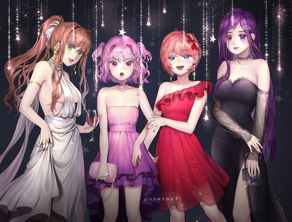 Anime picture 2048x1554 with doki doki literature club monika (doki doki literature club) yuri (doki doki literature club) natsuki (doki doki literature club) sayori (doki doki literature club) potetos7 long hair looking at viewer blush fringe highres short hair breasts open mouth blue eyes light erotic smile hair between eyes brown hair standing