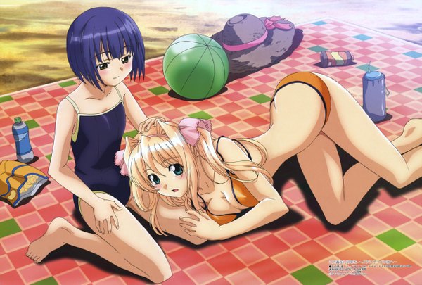 Anime picture 5122x3460 with kono aozora ni yakusoku wo blush highres light erotic shoujo ai girl swimsuit one-piece swimsuit school swimsuit