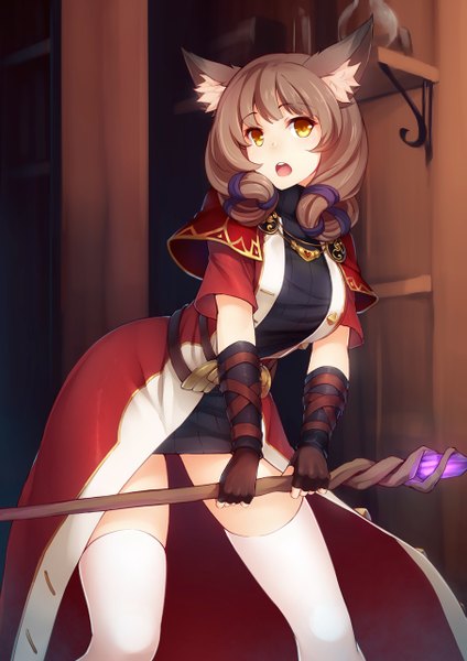Anime picture 905x1280 with tree of savior pyromancer (tree of savior) wizard (tree of savior) ricegnat single long hair tall image blush fringe open mouth brown hair standing twintails holding animal ears yellow eyes payot looking away indoors cat ears