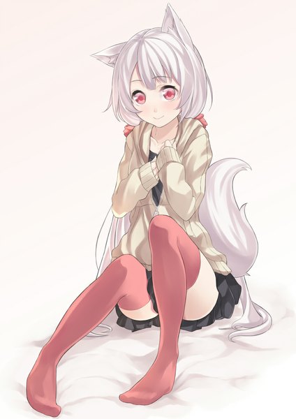 Anime picture 706x1000 with original ray-akila single tall image short hair smile red eyes animal ears white hair tail animal tail girl thighhighs