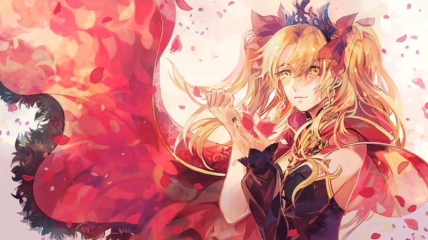 Anime picture 1423x800 with fate (series) fate/grand order ereshkigal (fate) akizora (akinohara) single long hair blonde hair wide image yellow eyes looking away upper body wind two side up tears girl earrings petals tiara