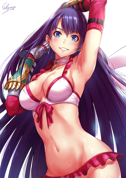 Anime picture 1000x1414 with fate (series) fate/grand order martha (fate) martha (swimsuit ruler) (fate) sakiyamama single long hair tall image looking at viewer blush fringe breasts blue eyes light erotic simple background smile hair between eyes large breasts standing white background