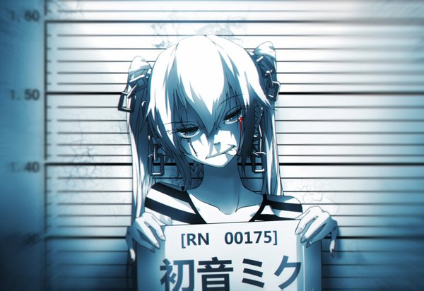 Anime-Bild 1500x1031 mit vocaloid hatsune miku qys3 single long hair looking at viewer blue eyes twintails holding blue hair scar striped striped background mugshot girl tongue chair