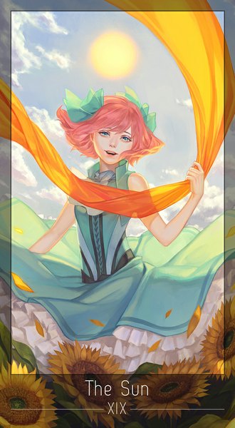 Anime picture 550x1000 with original noa ikeda single tall image looking at viewer short hair blue eyes smile pink hair sky cloud (clouds) girl dress flower (flowers) sun sunflower