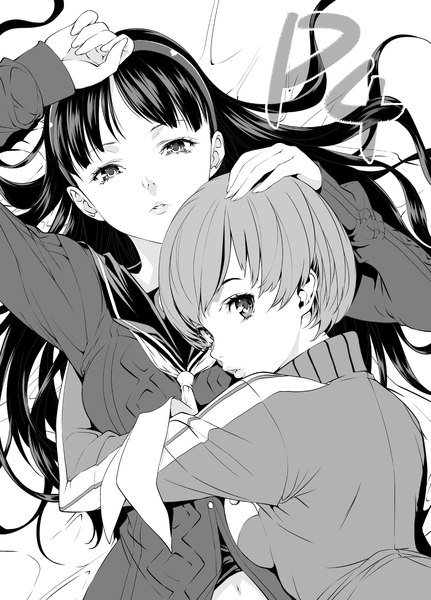 Anime picture 1629x2267 with persona 4 persona satonaka chie amagi yukiko tosh long hair tall image looking at viewer short hair open mouth black hair multiple girls lying looking back inscription hug monochrome hand on head girl navel