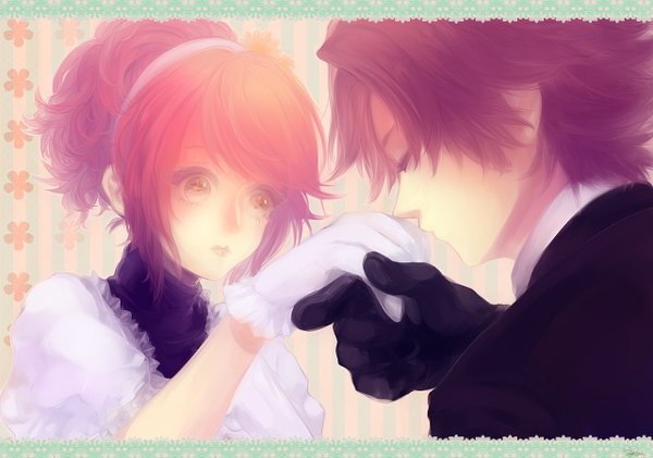 Anime picture 1280x900 with tales of (series) tales of graces asbel lhant cheria barnes tom (pixiv) short hair purple hair ponytail red hair eyes closed orange eyes couple kiss hand kiss girl dress boy gloves hairband