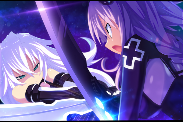 Anime picture 3200x2138 with choujigen game neptune purple heart black heart tempestdh long hair highres open mouth multiple girls green eyes absurdres purple hair cloud (clouds) white hair profile night night sky coloring light battle screaming